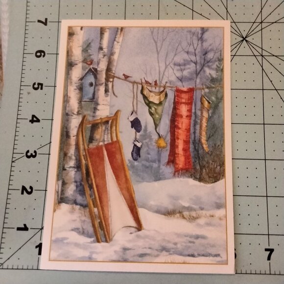 Holiday Greeting Card Vintage Sled Winter Clothes Michelle Palmer - Picture 4 of 5